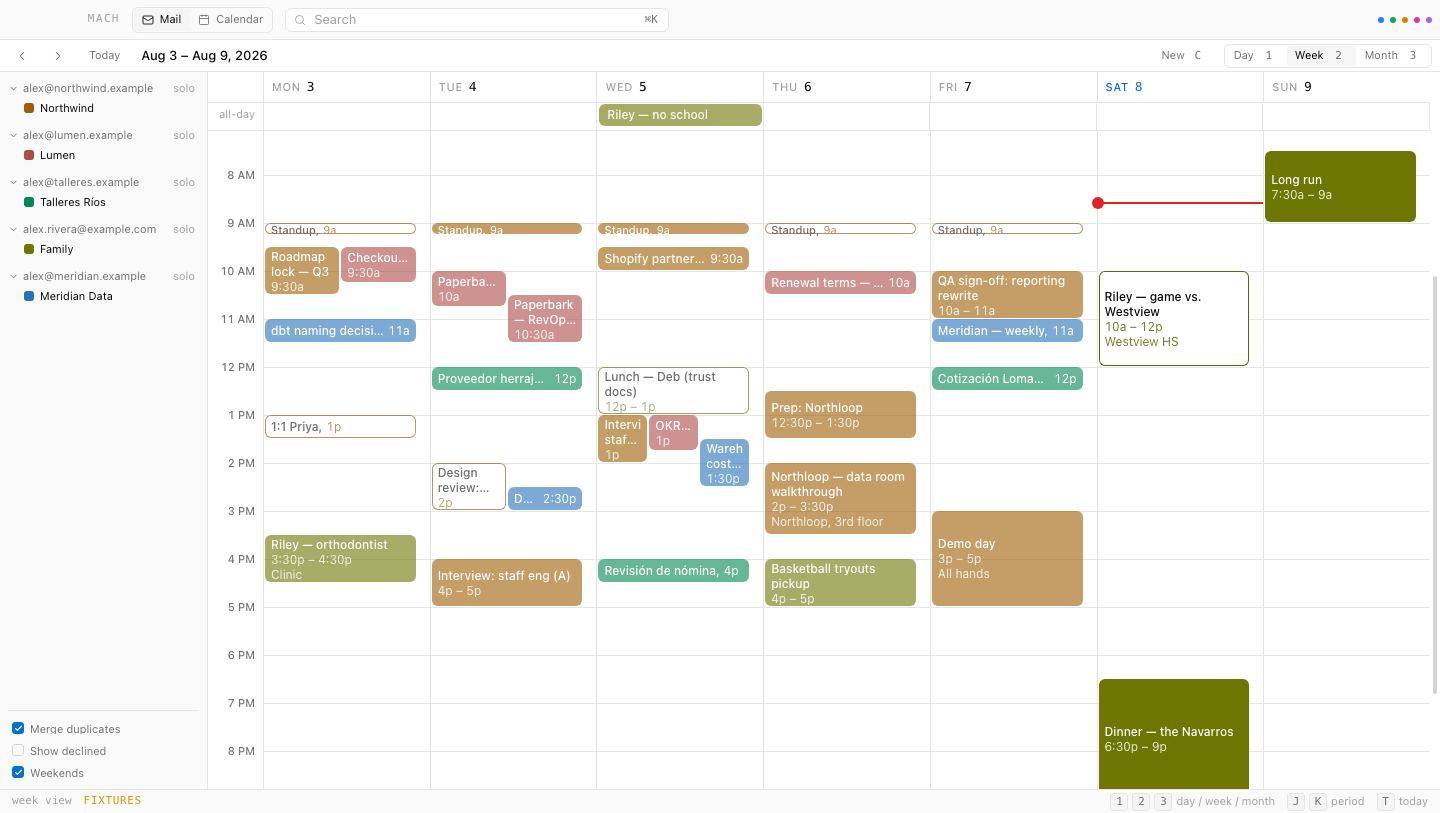 The Mach calendar in week view: five accounts' calendars overlaid in one grid, each event tinted by the calendar it belongs to, with a red line marking the current time.