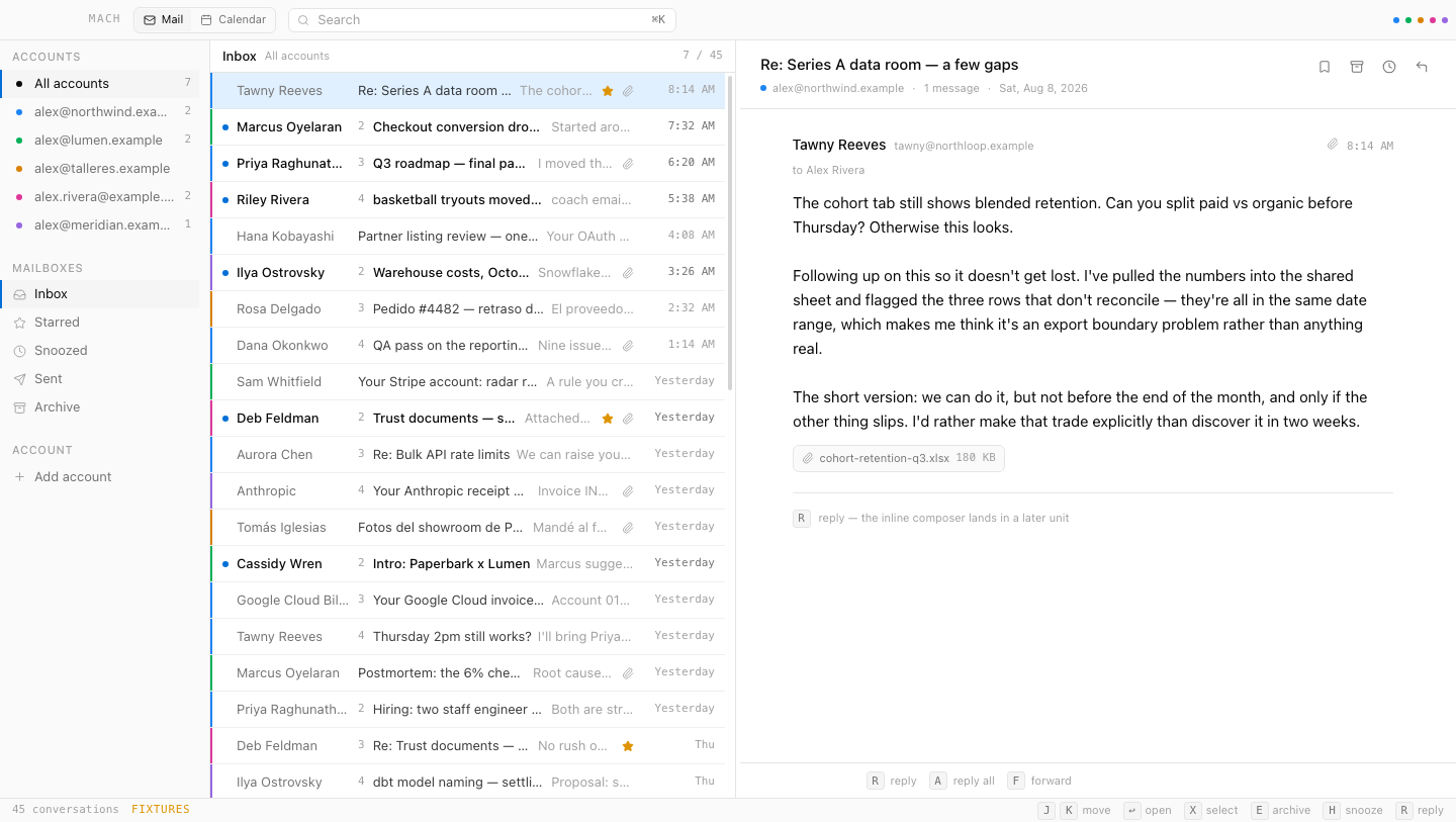 The Mach mail window: an account rail on the left, a dense unified thread list in the middle with a coloured bar per account, and an open conversation in the reading pane on the right.